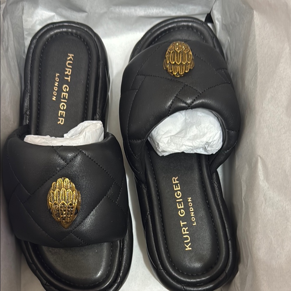 Kurt Geiger Black Slides with Gold Emblem